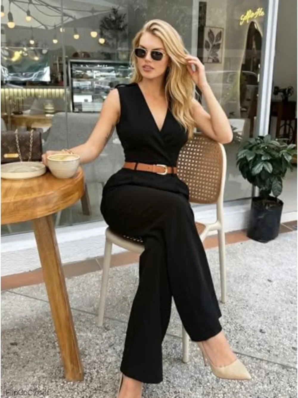 Womens V Neck Wide Leg Jumpsuit Sleeveless Romper with Pockets & Belt Party